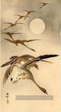  pleine Art - huit Oies rieuses blanches en vol pleine lune derrière Ohara KOSON Shin Hanga
